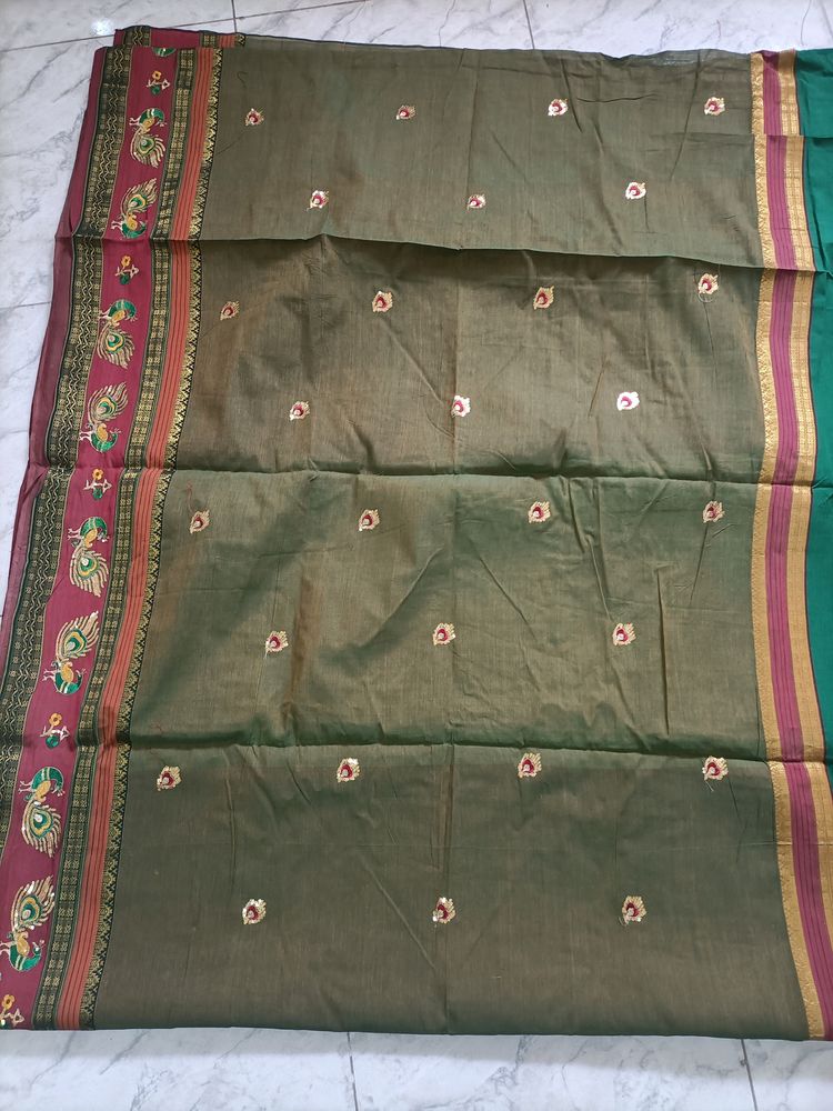 Olive Green Cotton Saree