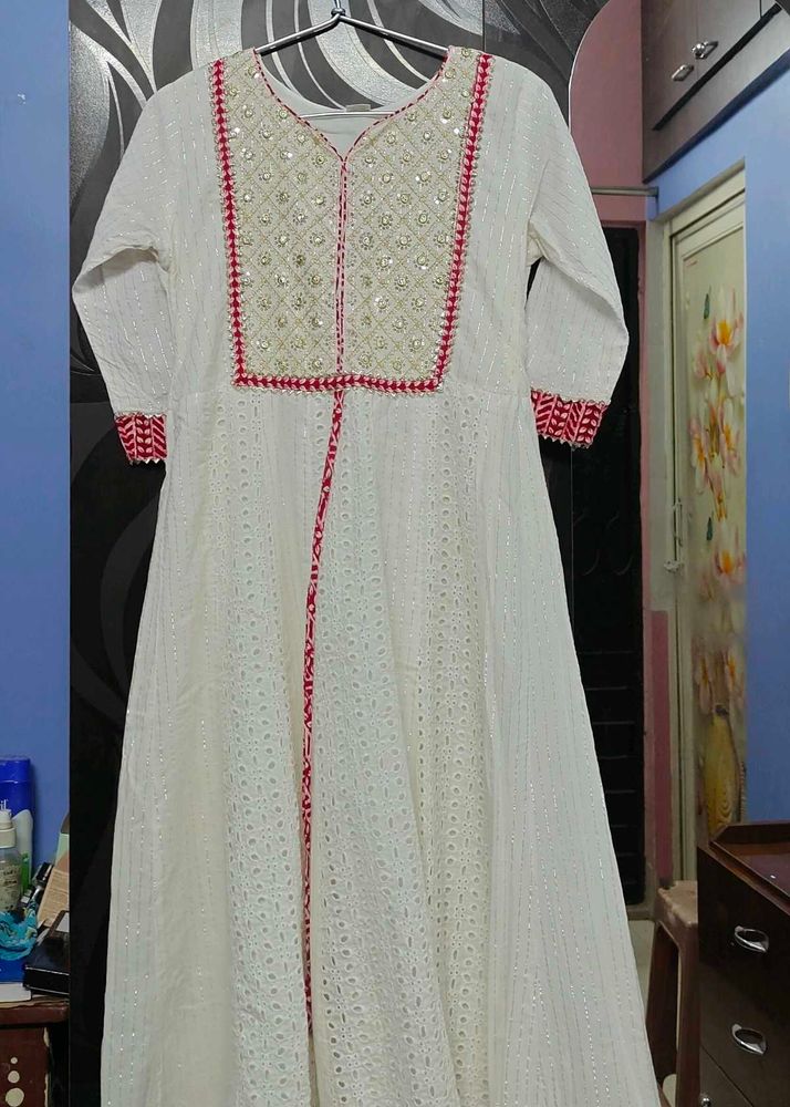 White Chikankari Kurta with Red Embellishments