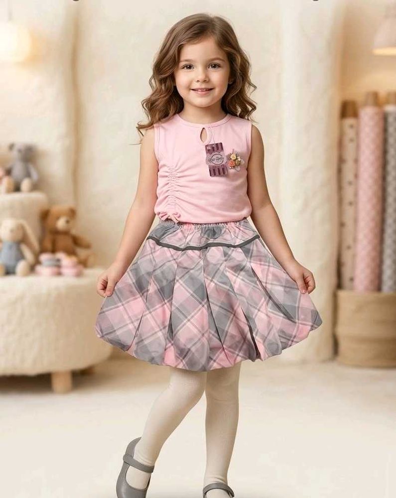 Adorable Pink &amp; Grey Plaid Skirt Set