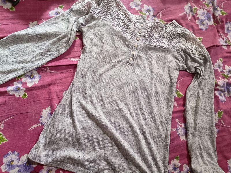 Gray Long Sleeve Lace Top