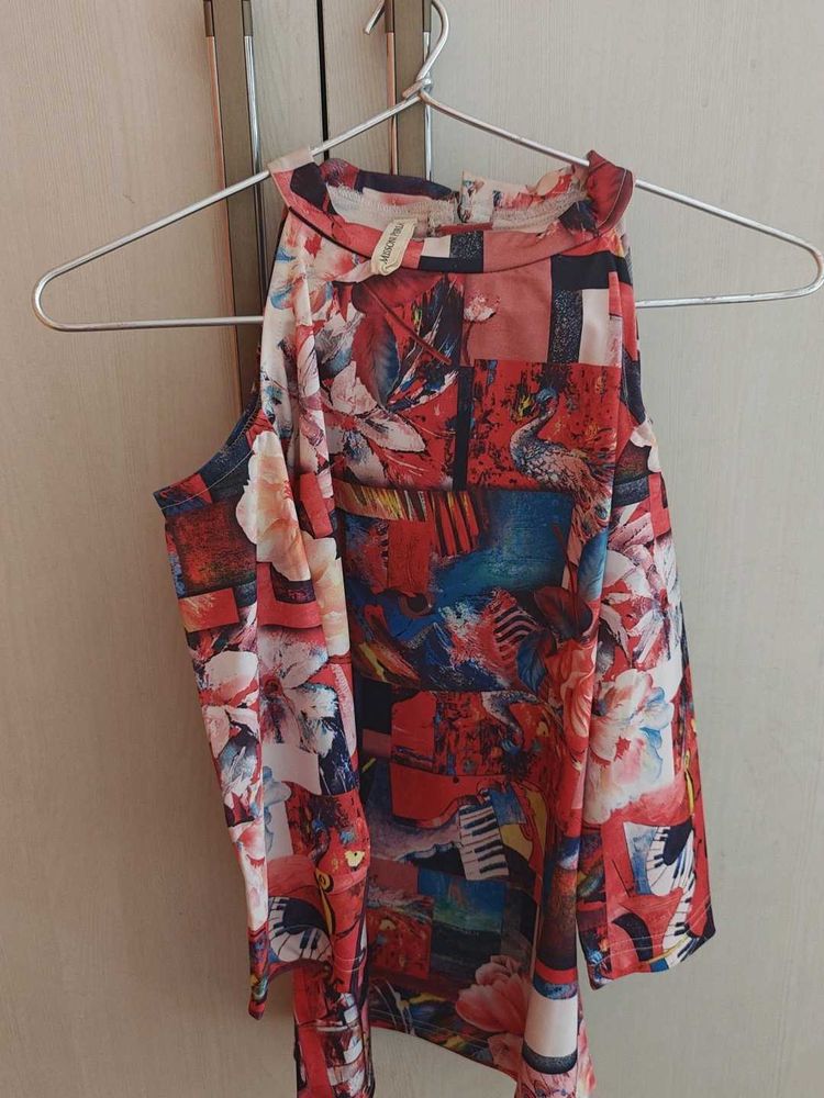 Vibrant Abstract Print Cold Shoulder Top