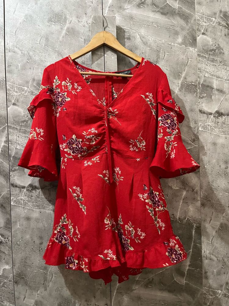 Chic Red Floral Ruffle Dress