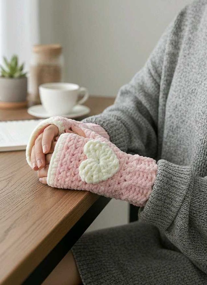 Handmade fingerless Pink Heart Crochet handwarmer