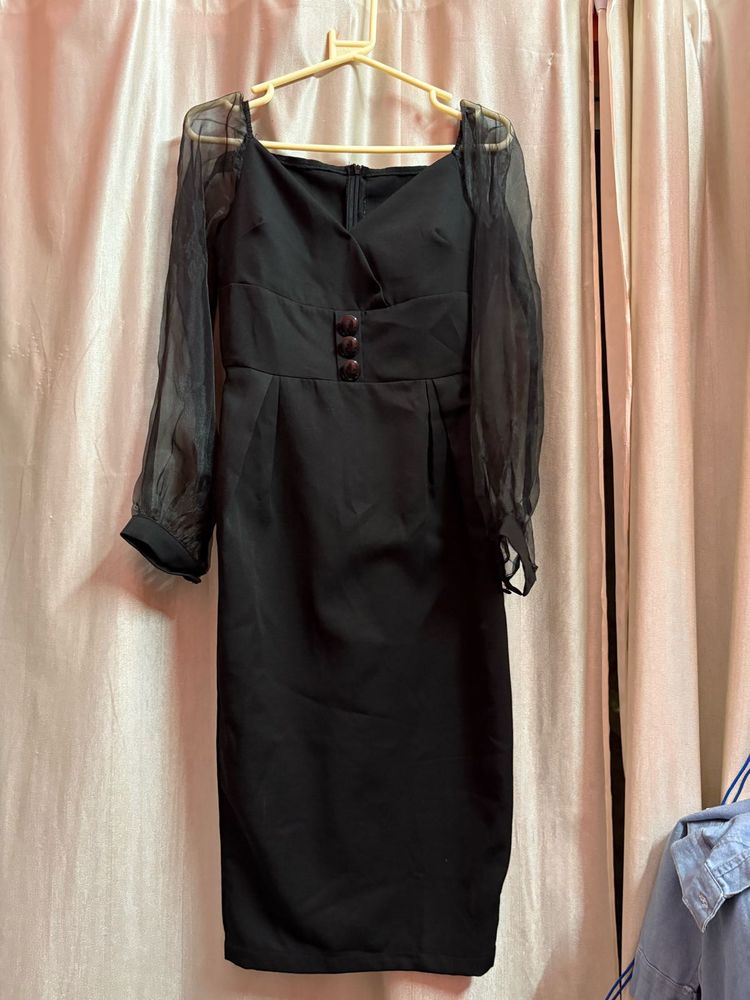 Elegant Black Dress with Sheer Sleeves