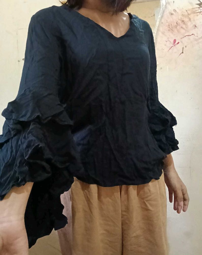 Navy Blue Ruffled Sleeve Top