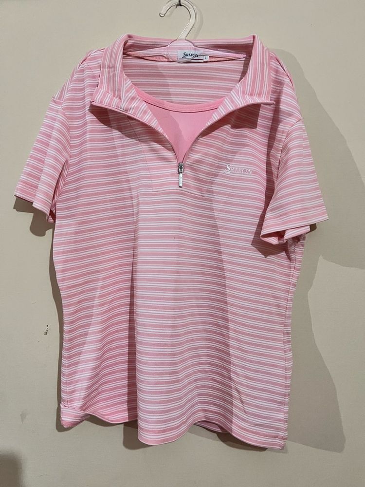 Pink Striped Quarter Zip Polo Shirt (good for gym