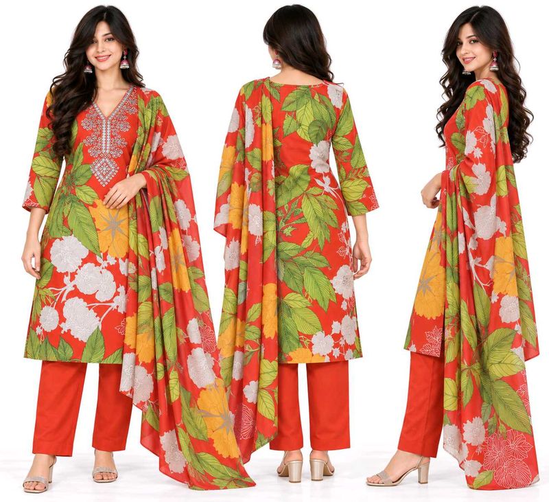 Vibrant Floral Kurta Set with Dupatta(unstitched)