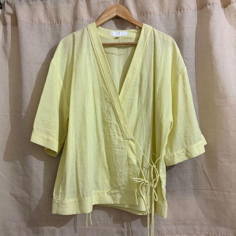 Light Yellow Striped Wrap Top