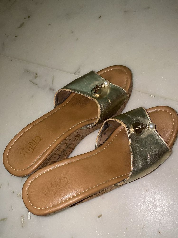 Stylish Gold Slide Wedges Sandals
