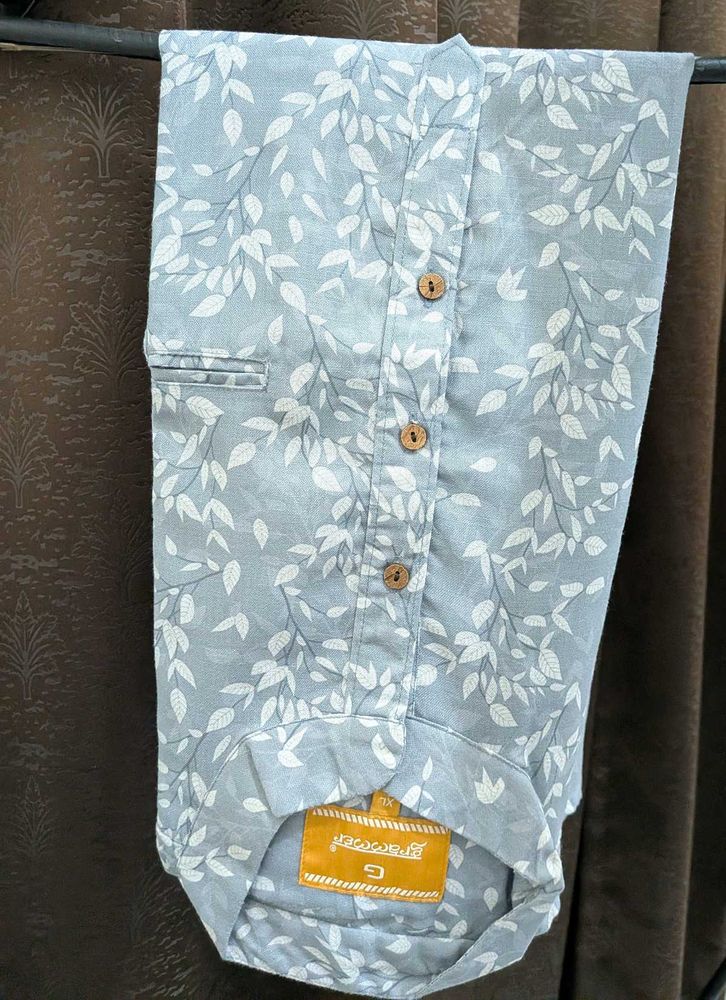 Men's Blue Leaf Print Short Kurta
