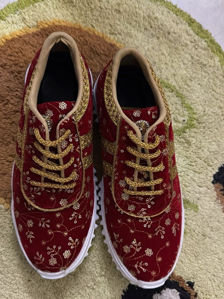 Embroidered Red Velvet Sneakers