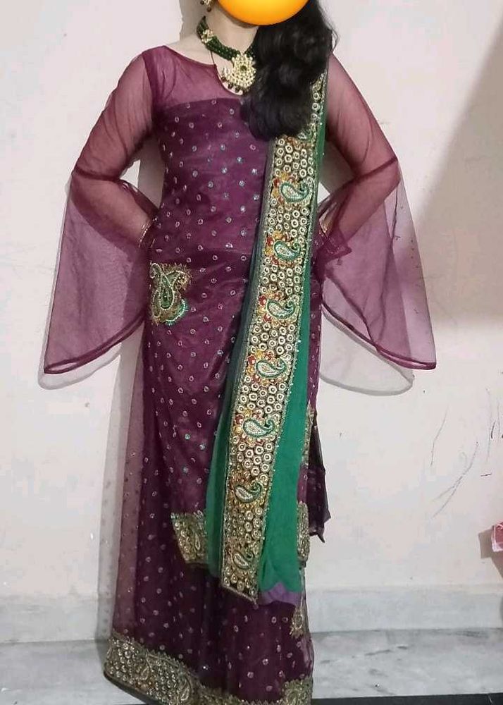 wine full flare plazzo suit dupatta