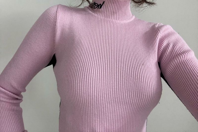 Cute Pink stretchable Ribbed Turtleneck Top
