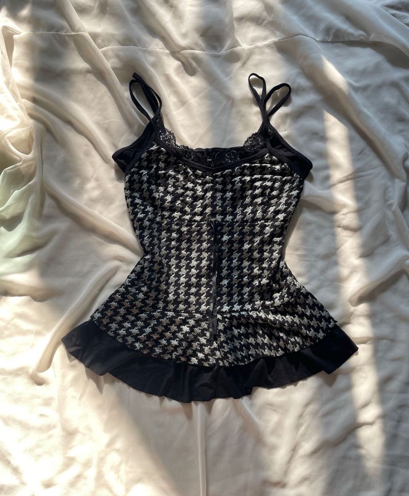 Houndstooth Print lace y2k Camie top