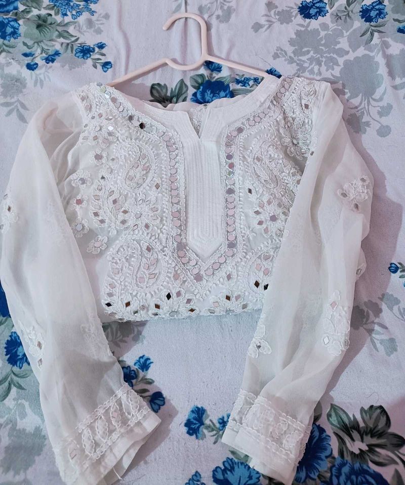 Elegant White Embroidered Sheer Kurti