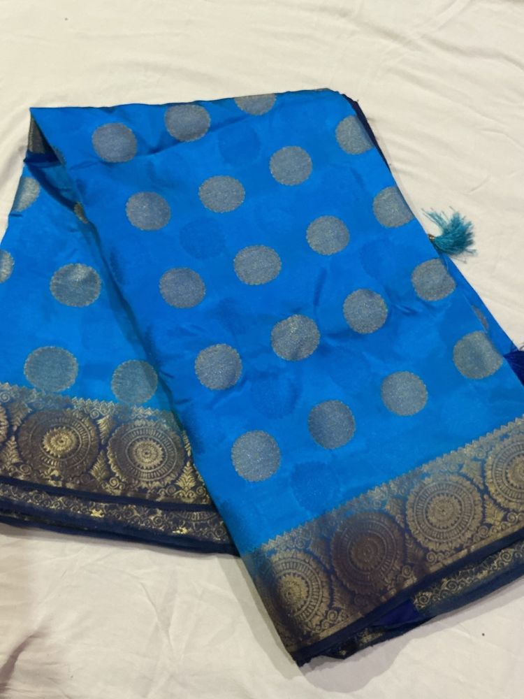 Vibrant Blue Silk Saree with Brocade Border