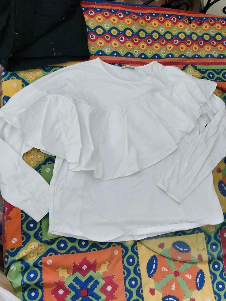 White Ruffle Long Sleeve Top