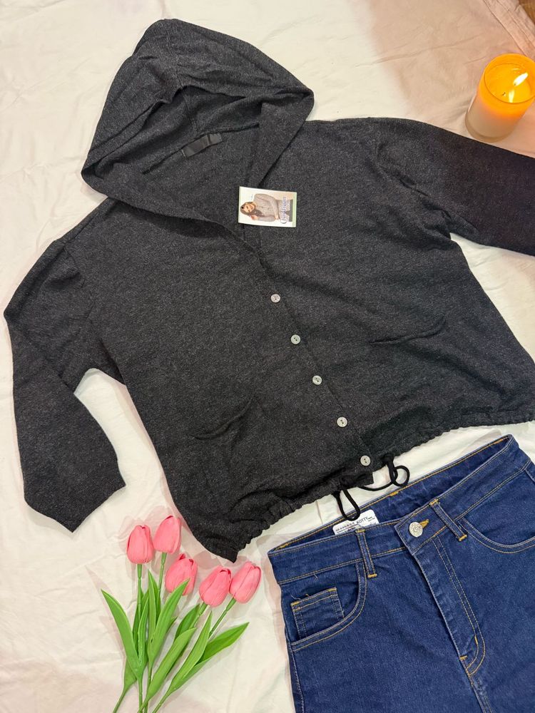 Cozy Charcoal Grey Hooded Cardigan