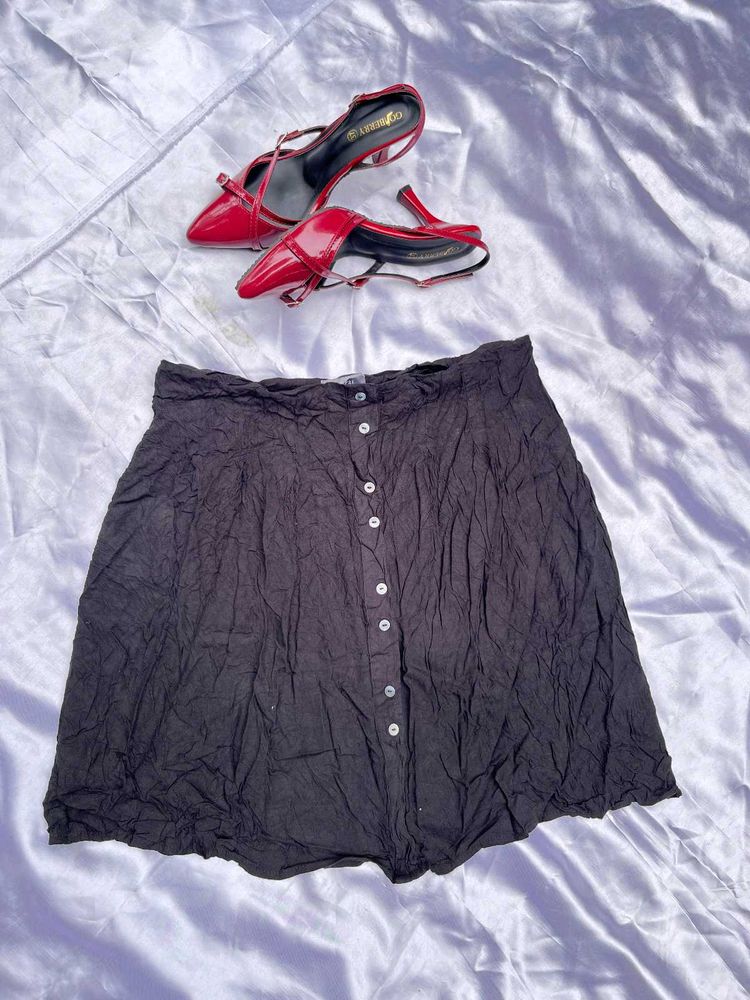 Black Textured Button-Up Skirt