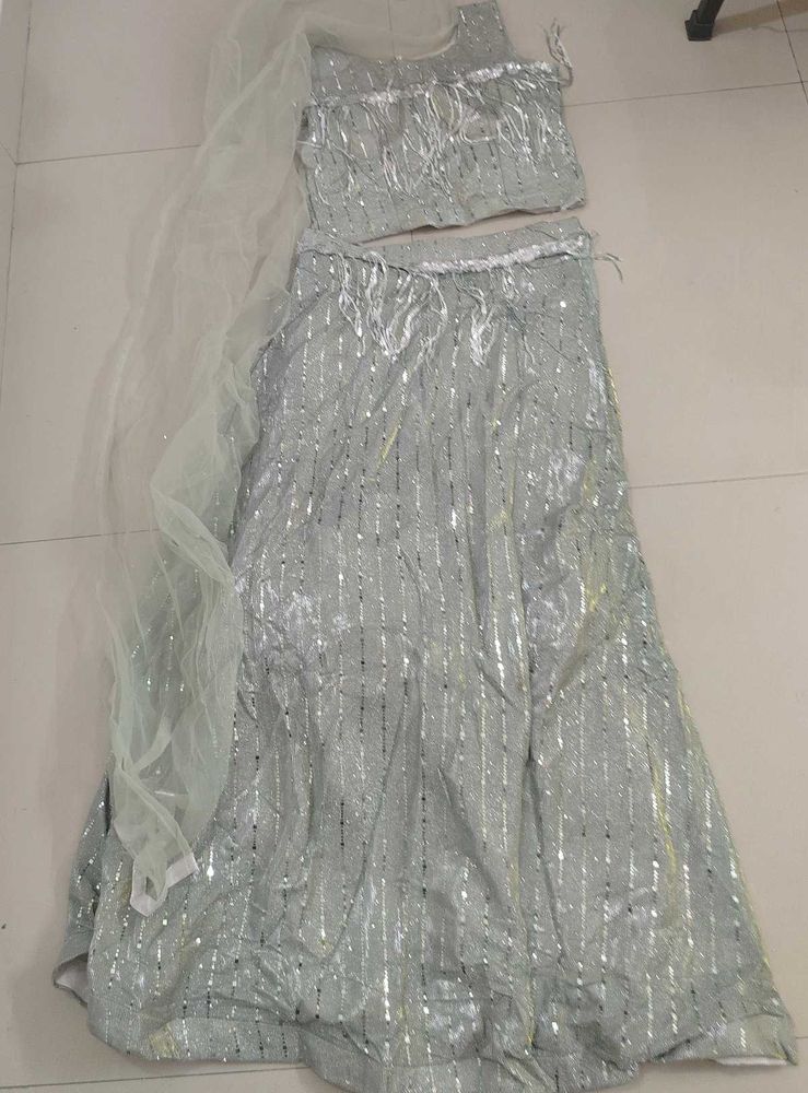 Glamorous Silver Sequin Lehanga Set with Net Dupat