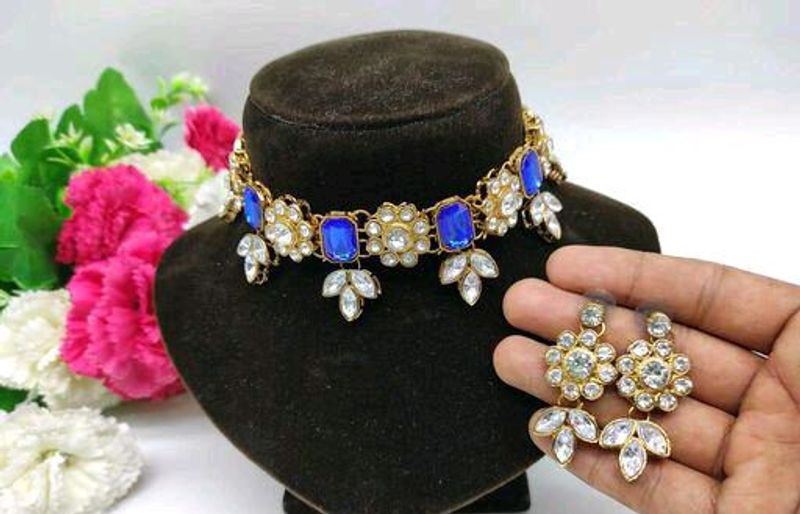 Blue Stone Choker Set with Earrings