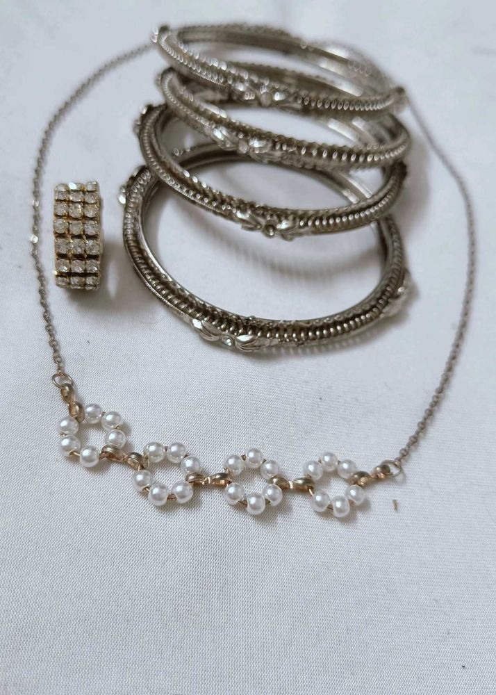 Elegant Pearl chain &amp;silver bengles 4with Ring