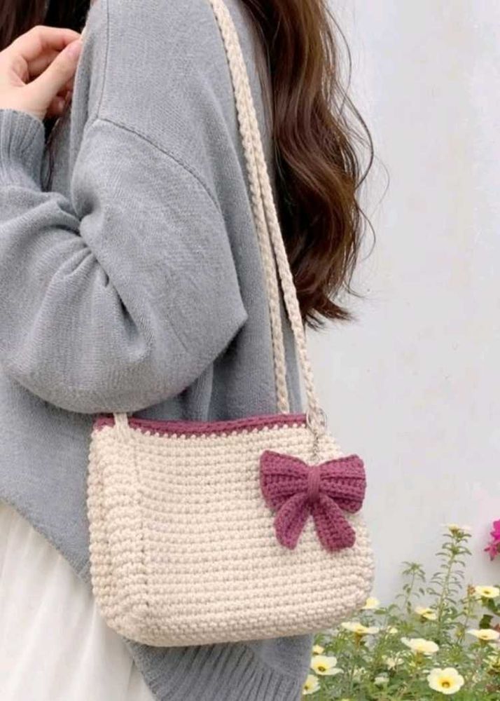 Handmade Crochet Shoulder Bag with Bow