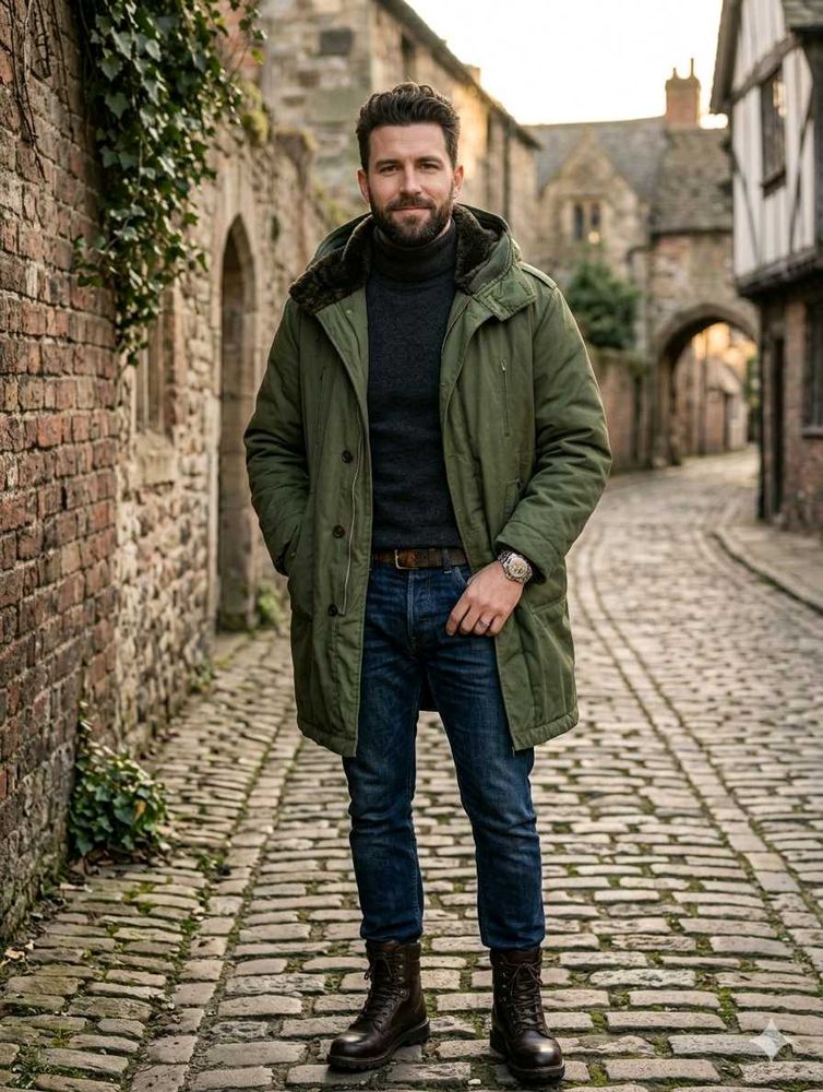 Men's Olive Green Military Parka Jacket - Heavy Wi