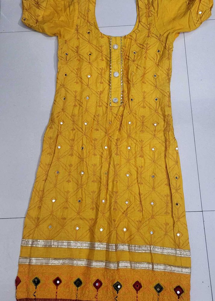 Yellow Embroidered Kurta with Mirror Work