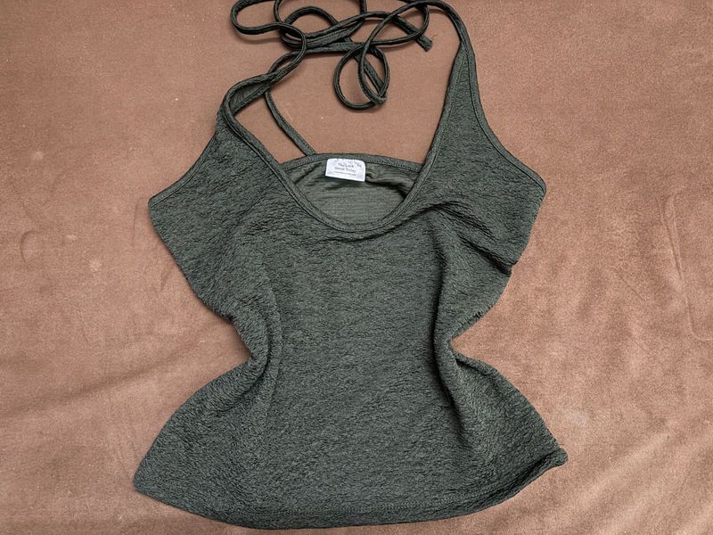 Dark green Textured Halter Neck Tank Top