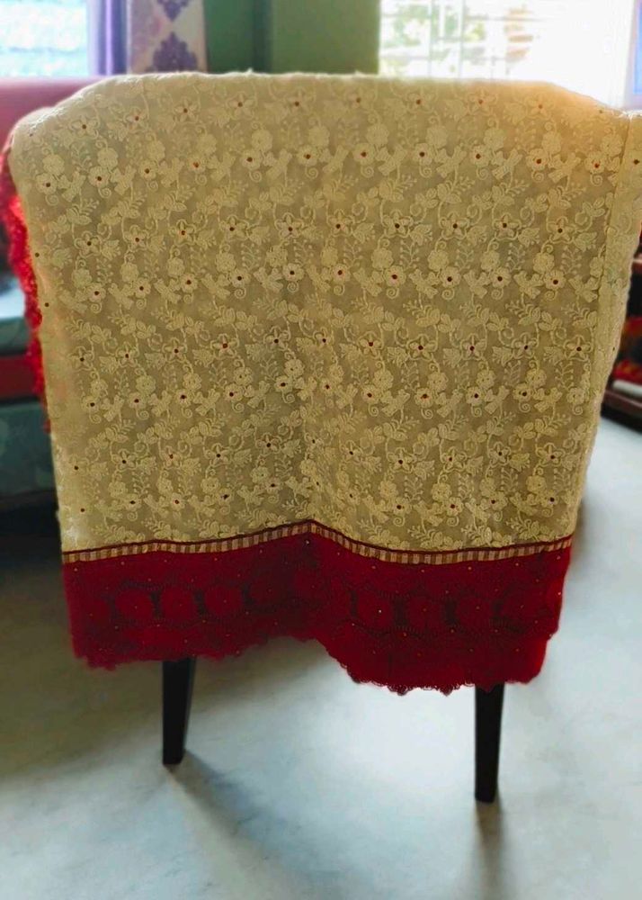 Elegant Cream &amp; Red Embroidered saree