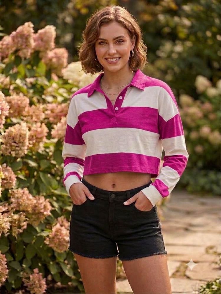 Cropped Rugby Shirt with Pink &amp; White Stripes