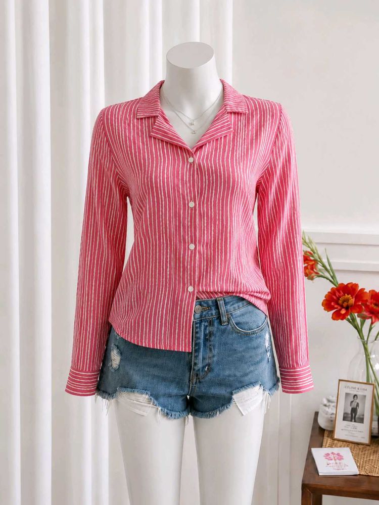 🩷 Pink &amp; White Striped Button-Up shirt
