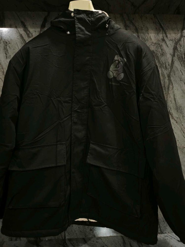 Black Hooded Jacket with Bear Print