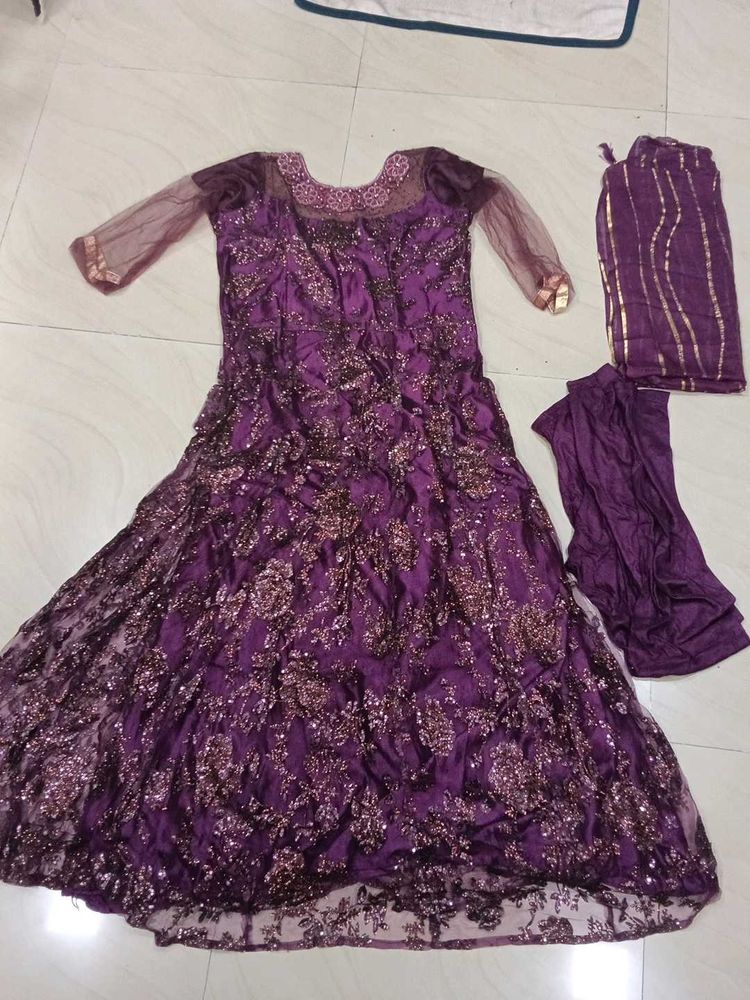Elegant Purple Anarkali gown With Dupatta And Pent