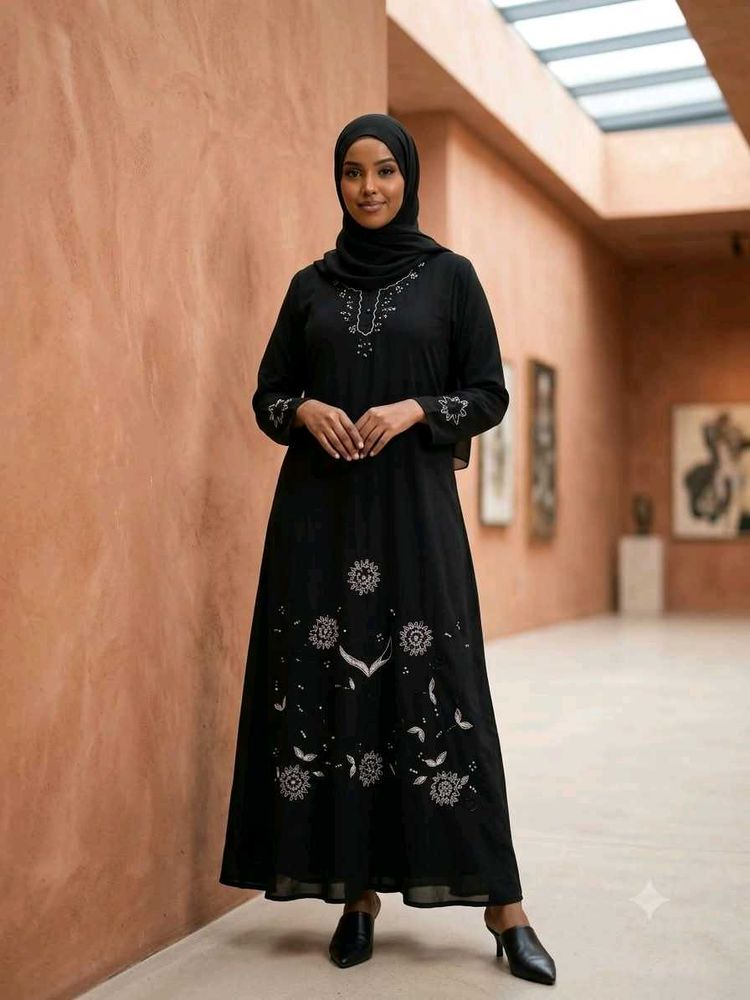 Elegant Black Abaya with Silver Embroidery