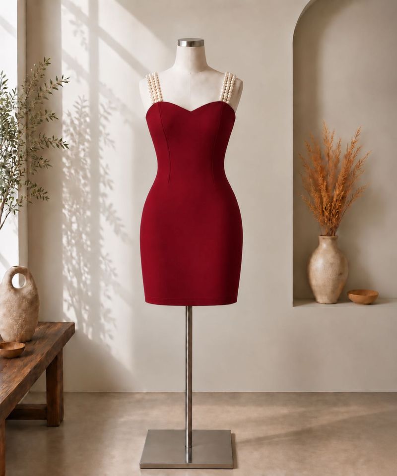 🍷 Burgundy Pearl Strap Mini Dress ✨
