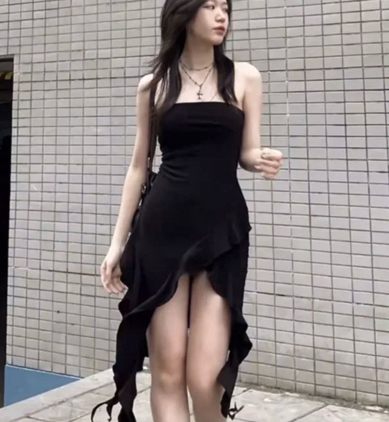 Black Asymmetrical Waterfall Hem Tube Dress