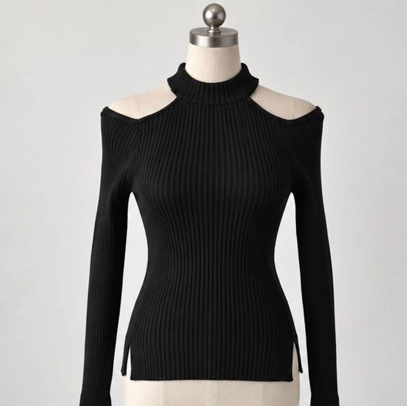 Black Ribbed Cold Shoulder Turtleneck Top