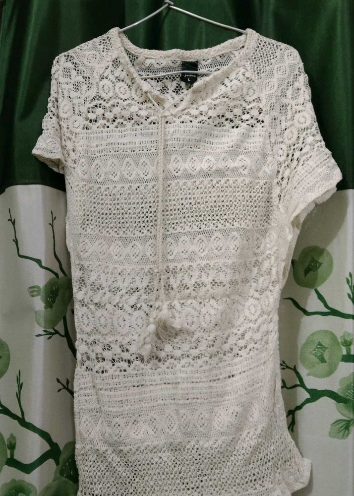 Women's White Crochet Tunic Top