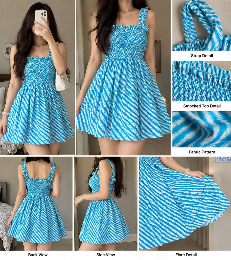 Blue &amp; White Striped Smocked Mini Dress