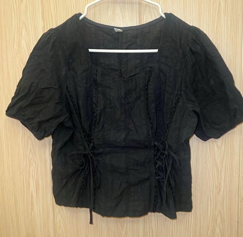 Black Lace-Up Square Neck Top