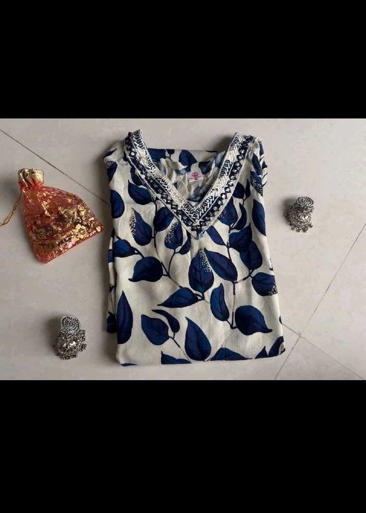 White Kurta with Blue Leaf Print
