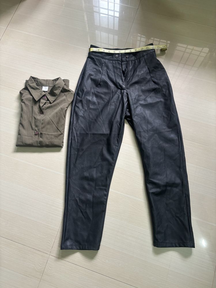 Olive Green Cold Shoulder Shirt And Leather Pant