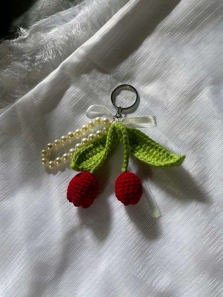 Crochet Cherry Keychain with Pearls
