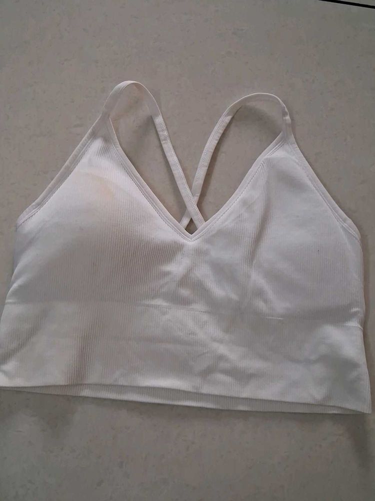 L White Ribbed Sports Bra