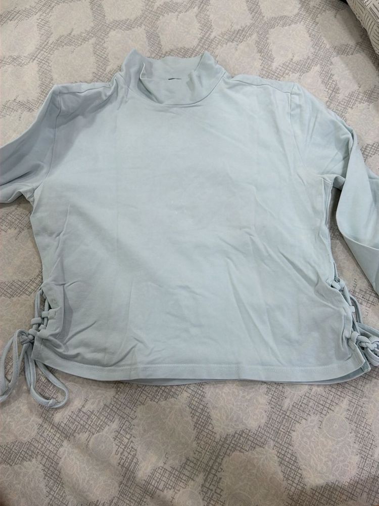 Light Blue Mock Neck Tie Detail Top