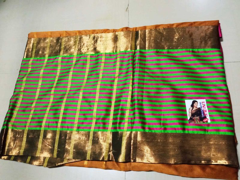 Green &amp; Pink Striped Silk Saree