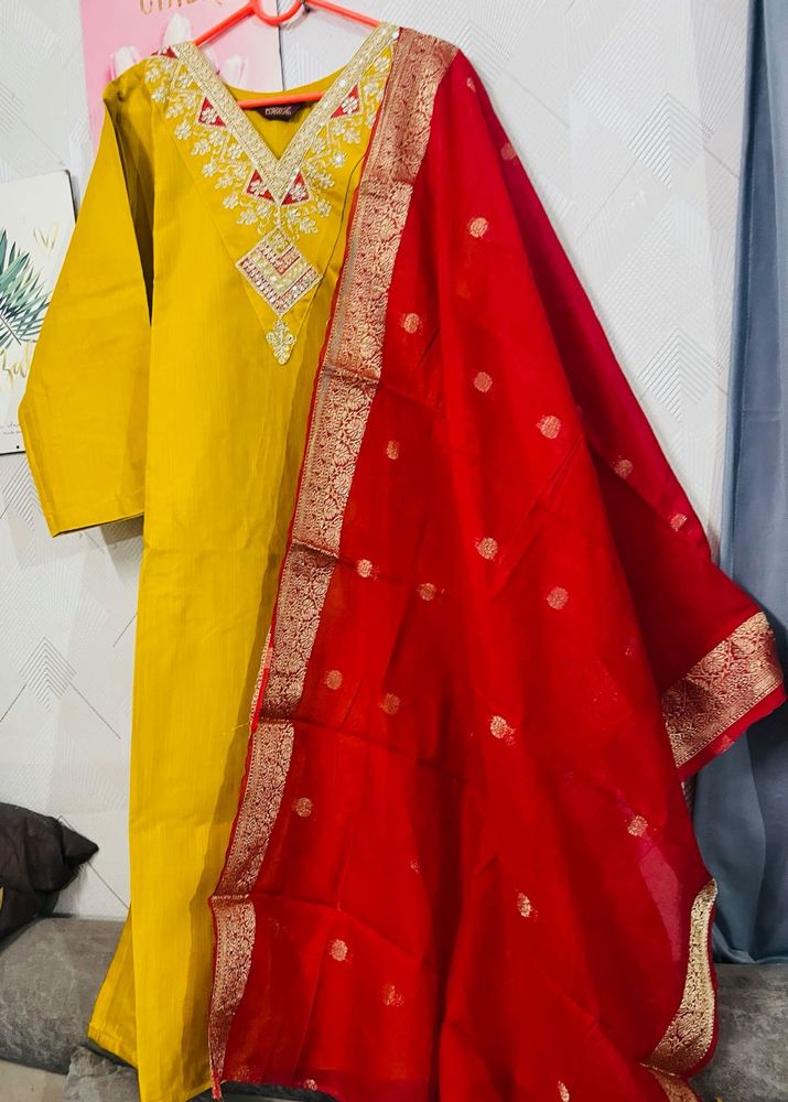 Yellow Kurta with Red Dupatta unused fixed price