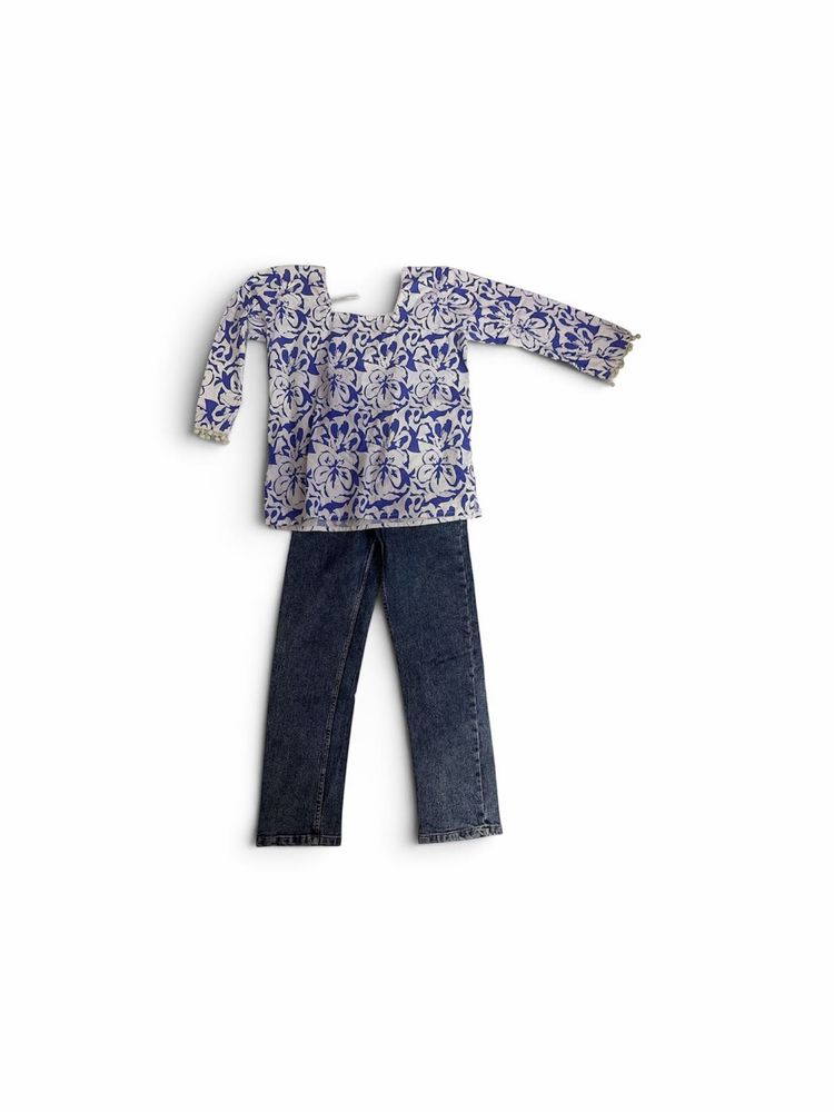 Blue Floral Print Top &amp; Jeans Set